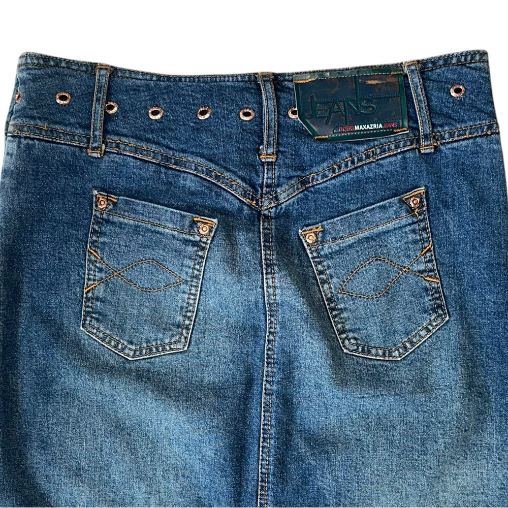 Vintage Y2K BCBG Faded Medium Wash Denim Bronze Grommet Trim Skirt Size 6 - Picture 5 of 7